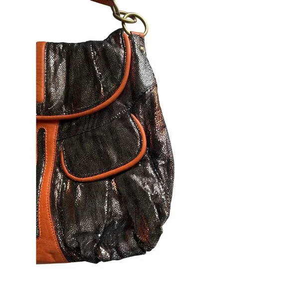 Malini Murjani Exotic Collection Leather Trim Metallic Orange Black Shoulder Bag - Picture 12 of 12